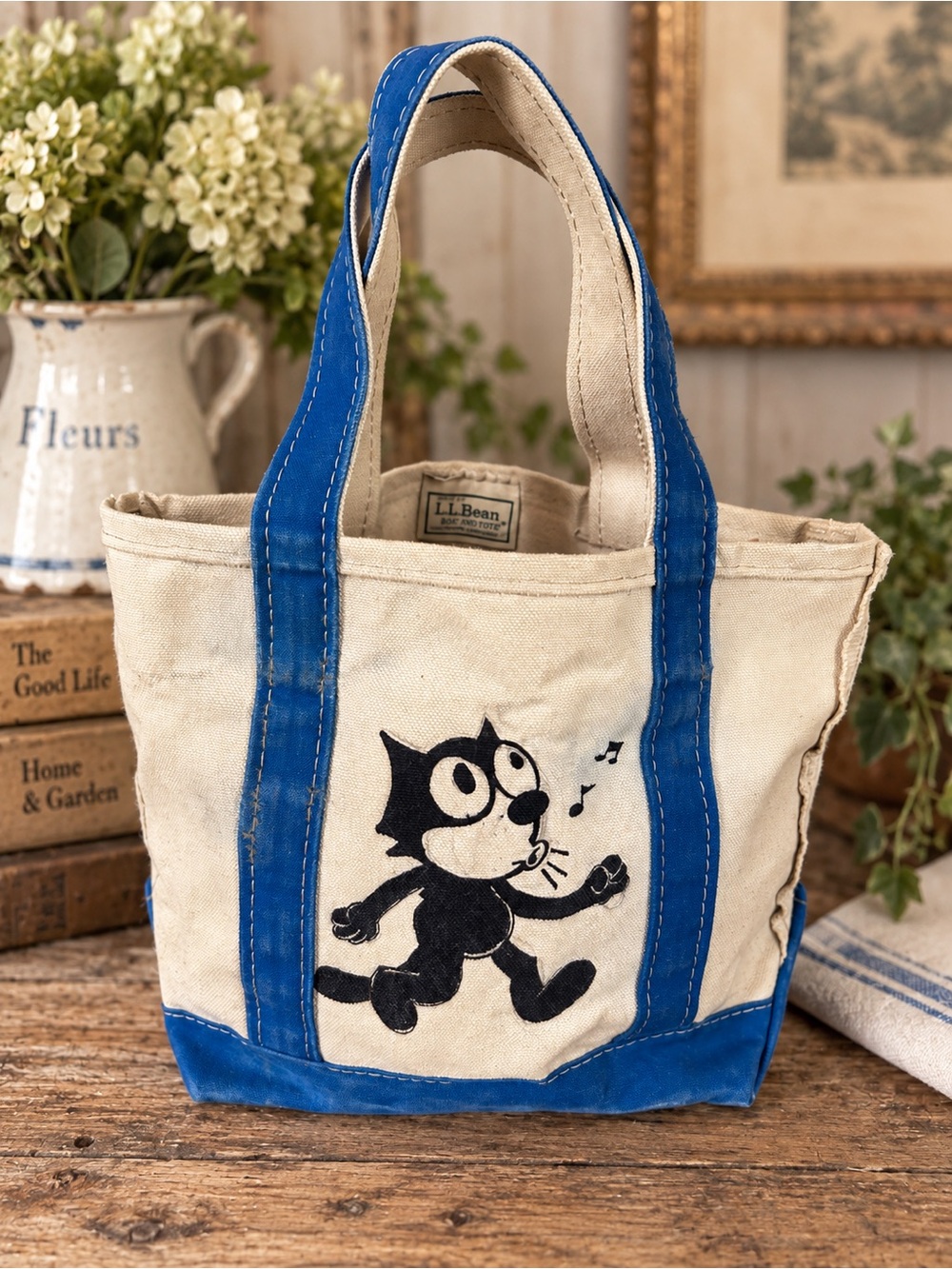 L.L.Bean Small Boat and Tote Bag Blue Handles Hand Painted Felix the Cat Distres